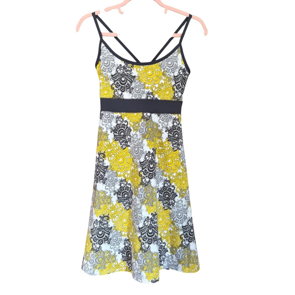 Soybu Allegro Dress Womens Small Yellow Grey Paisley Strappy Shelf Bra Athletic